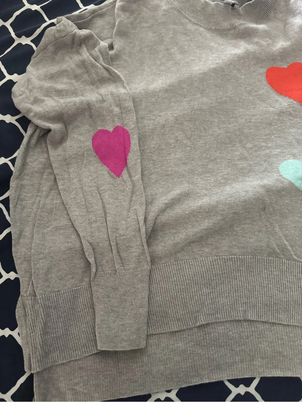Crown & Ivy Gray Heart Pullover Sweater with Multicolor Hearts